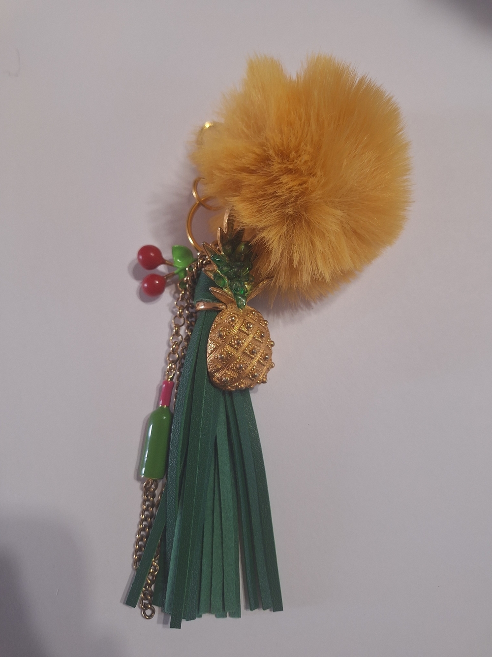 Yellow Pom Pom & Green Tassel Pineapple Keychain Charm